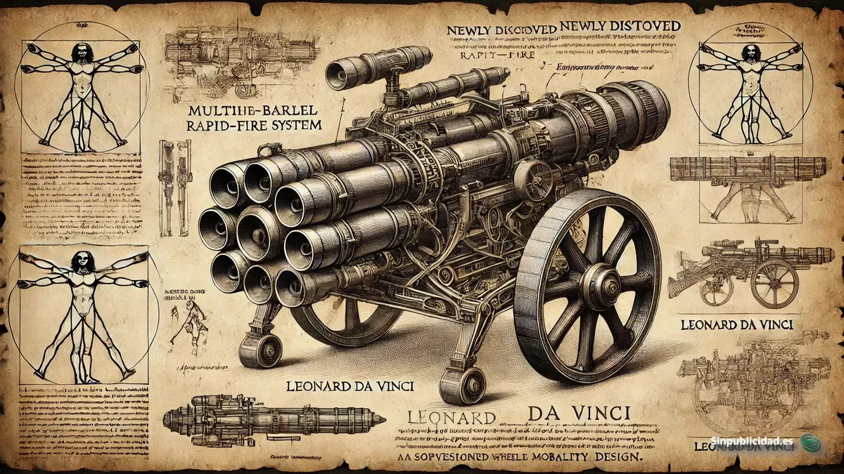 Nuevo plano técnico de la ametralladora de Leonardo da Vinci con mejoras en el sistema de encendido y estructura reforzada