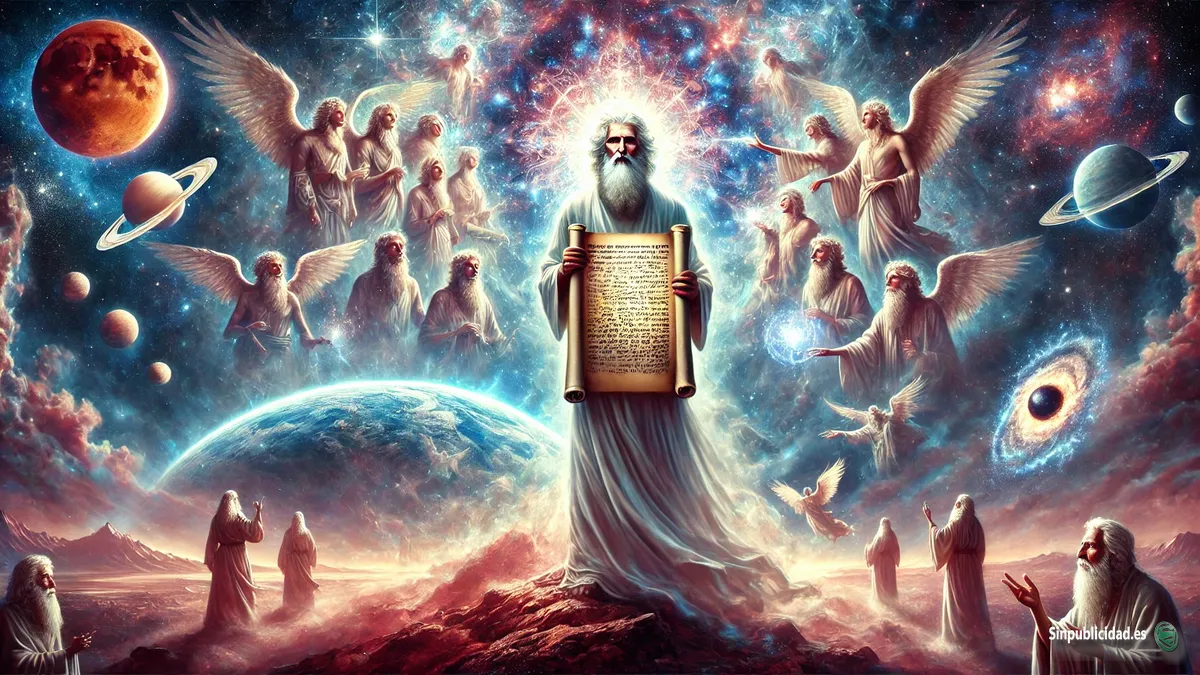 Enoc bajo un cielo cósmico sosteniendo un pergamino sagrado, mientras seres celestiales lo observan, marcando la culminación de su misión divina.