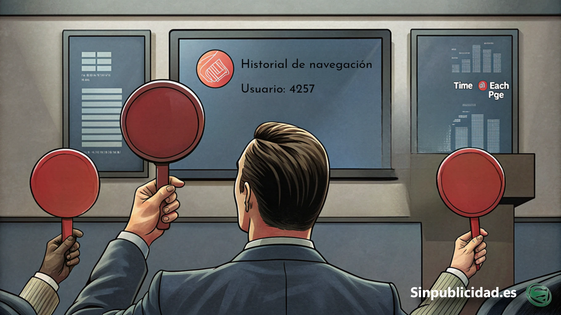 Una ilustración cómica y exagerada donde un usuario inocente está navegando en su ordenador o móvil, sin darse cuenta de que tras la pantalla hay una sala de control gigantesca llena de analistas con auriculares y pantallas que monitorean cada uno de sus movimientos.