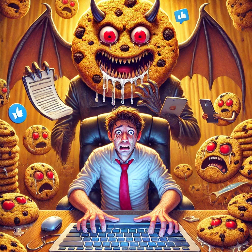 Una ilustración cómica donde un usuario desprevenido está atrapado en un infierno digital, rodeado por demonios con forma de cookies gigantes que lo observan con sonrisas malvadas.