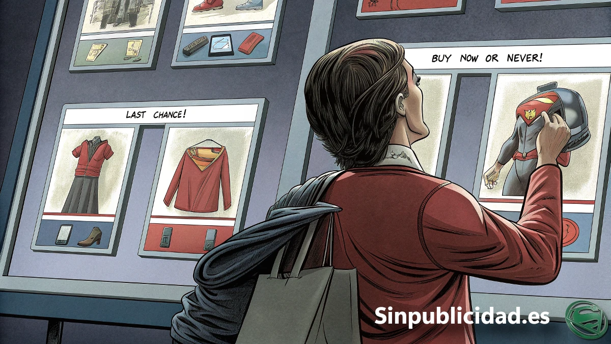 Una escena que muestra a una persona en una tienda virtual, rodeada de múltiples ventanas emergentes de ofertas en su computadora, como si estuviera atrapada en una red de descuentos irresistibles.