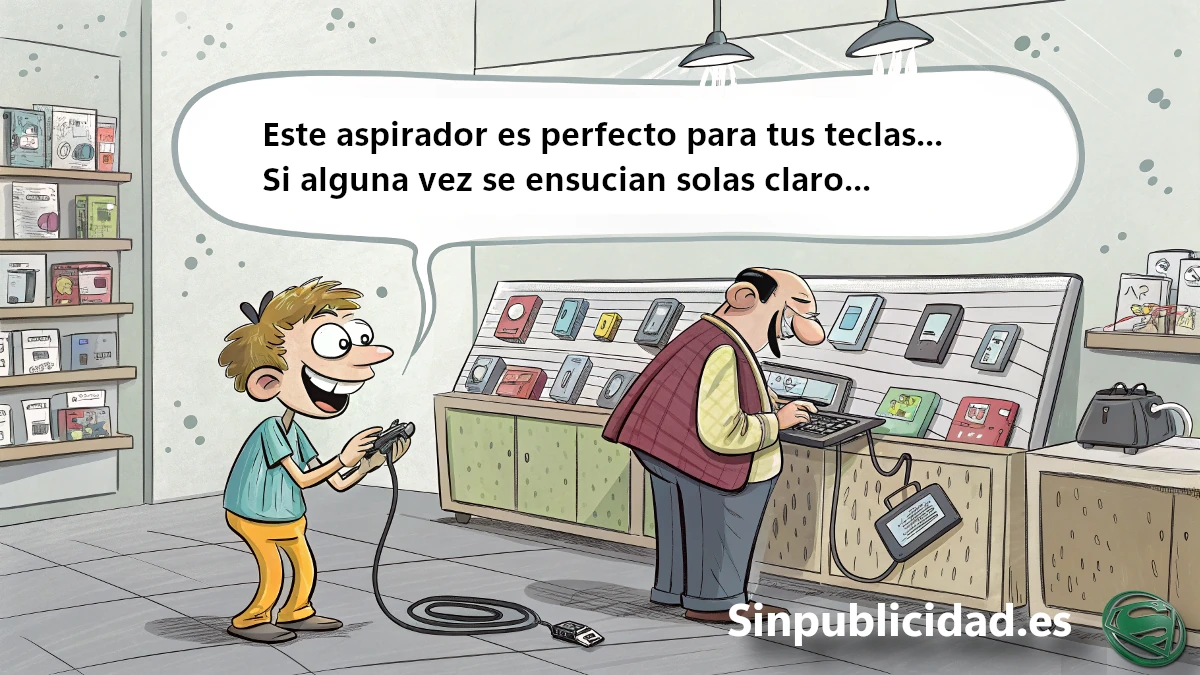 escena cómica de un hogar moderno con una persona tratando de usar gadgets absurdos. Un robot limpiador de zapatos, un humidificador de coche y un peine eléctrico para barba.